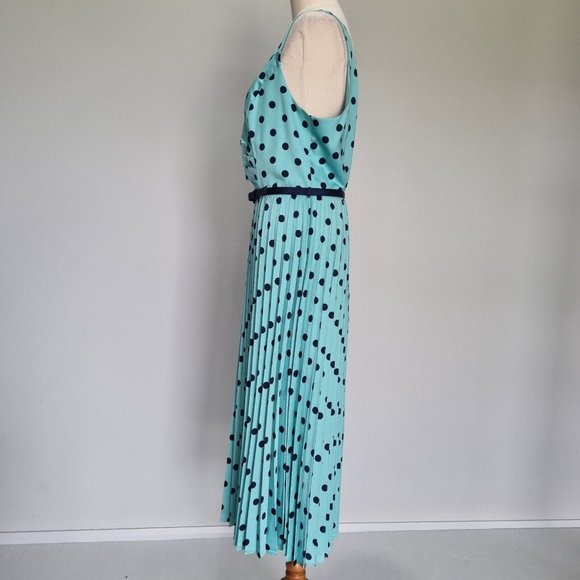 Review Deepwater Blue Pleated Polka Dot Midi Dress with Belt Size 16 - Picture 4 of 9